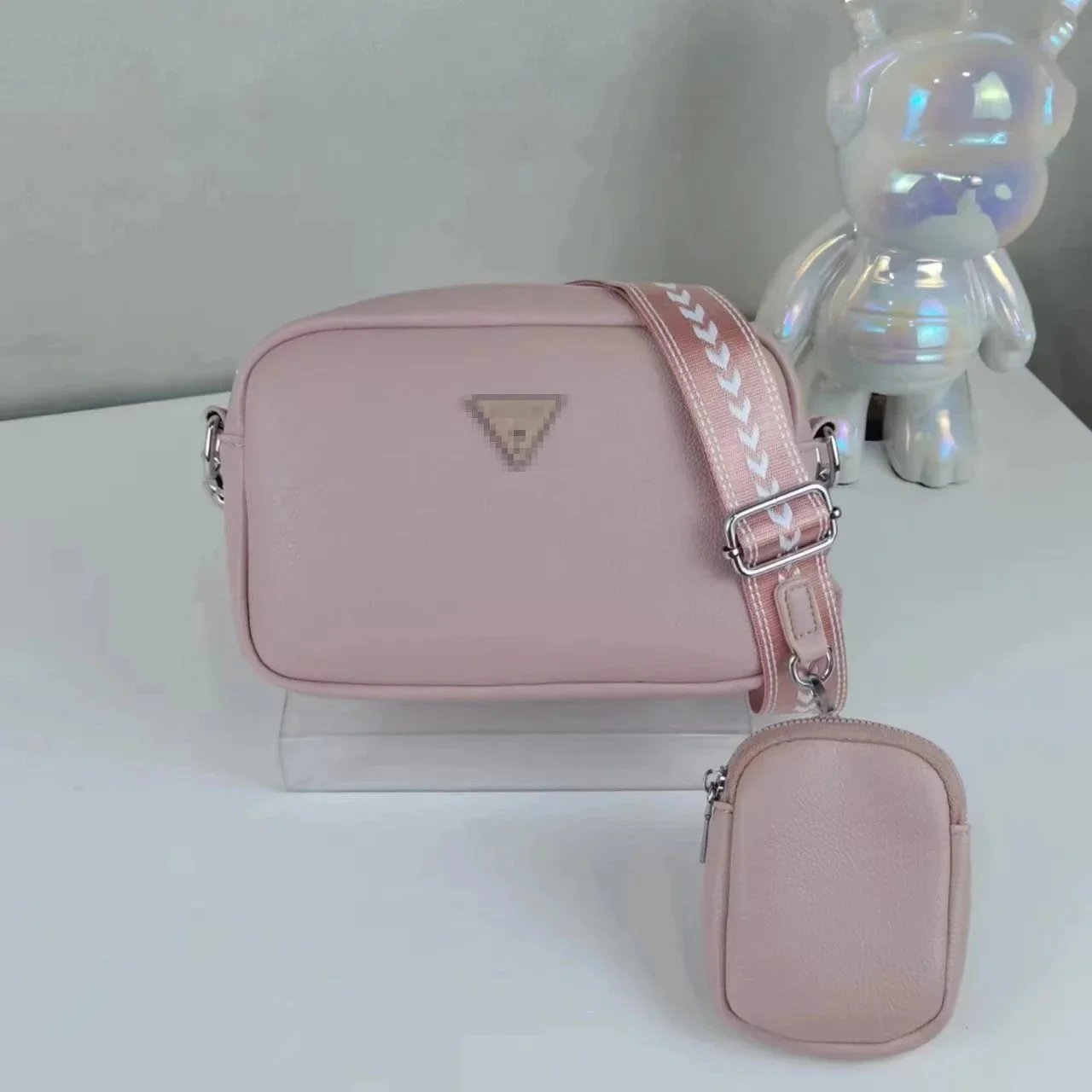 Unbranded Crossbody Bags Bag with Detachable Pouch and Chevron Strap — Light pink