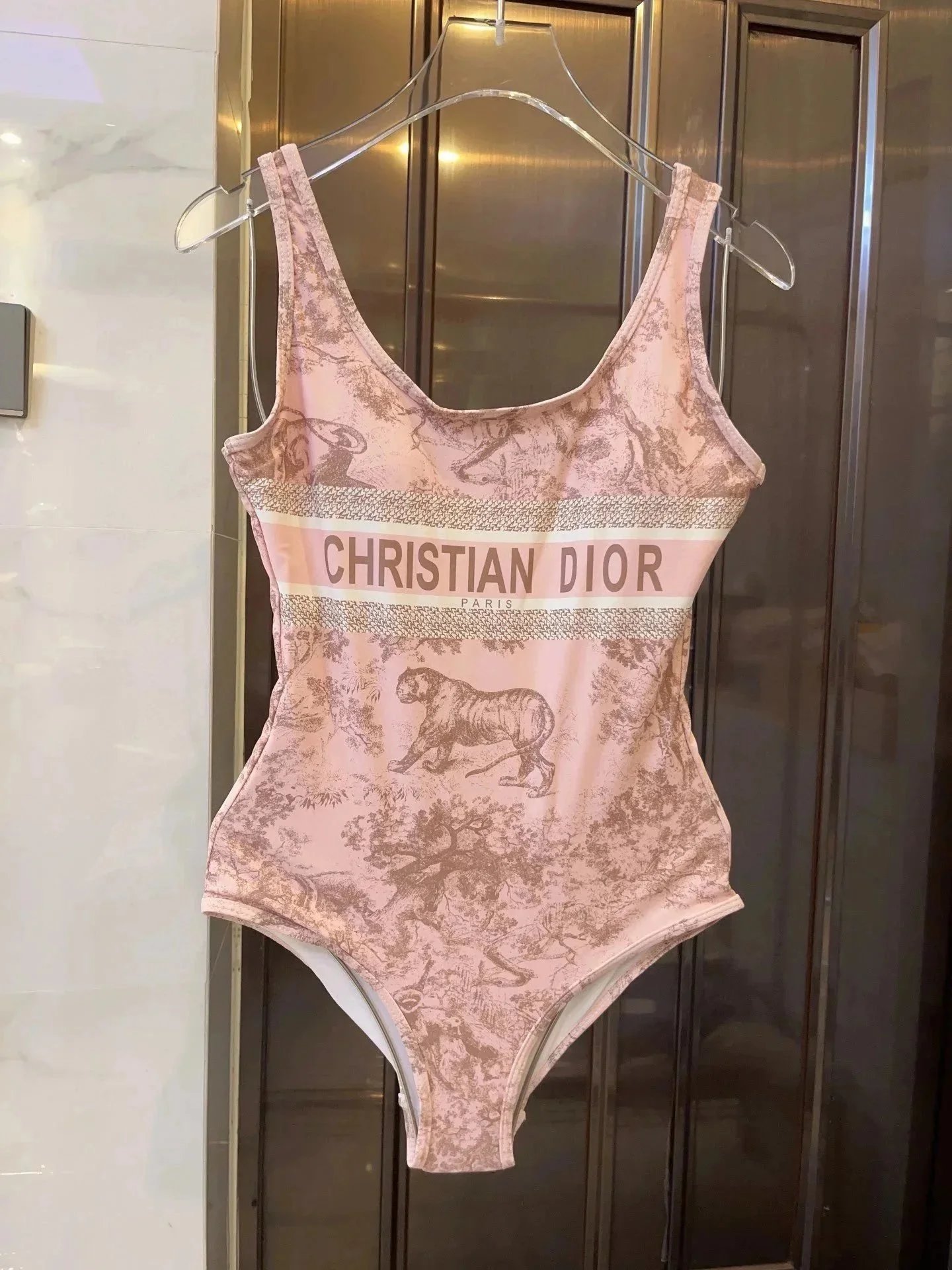 Christian Dior One-Piece Swimsuit with Tiger Print Beige