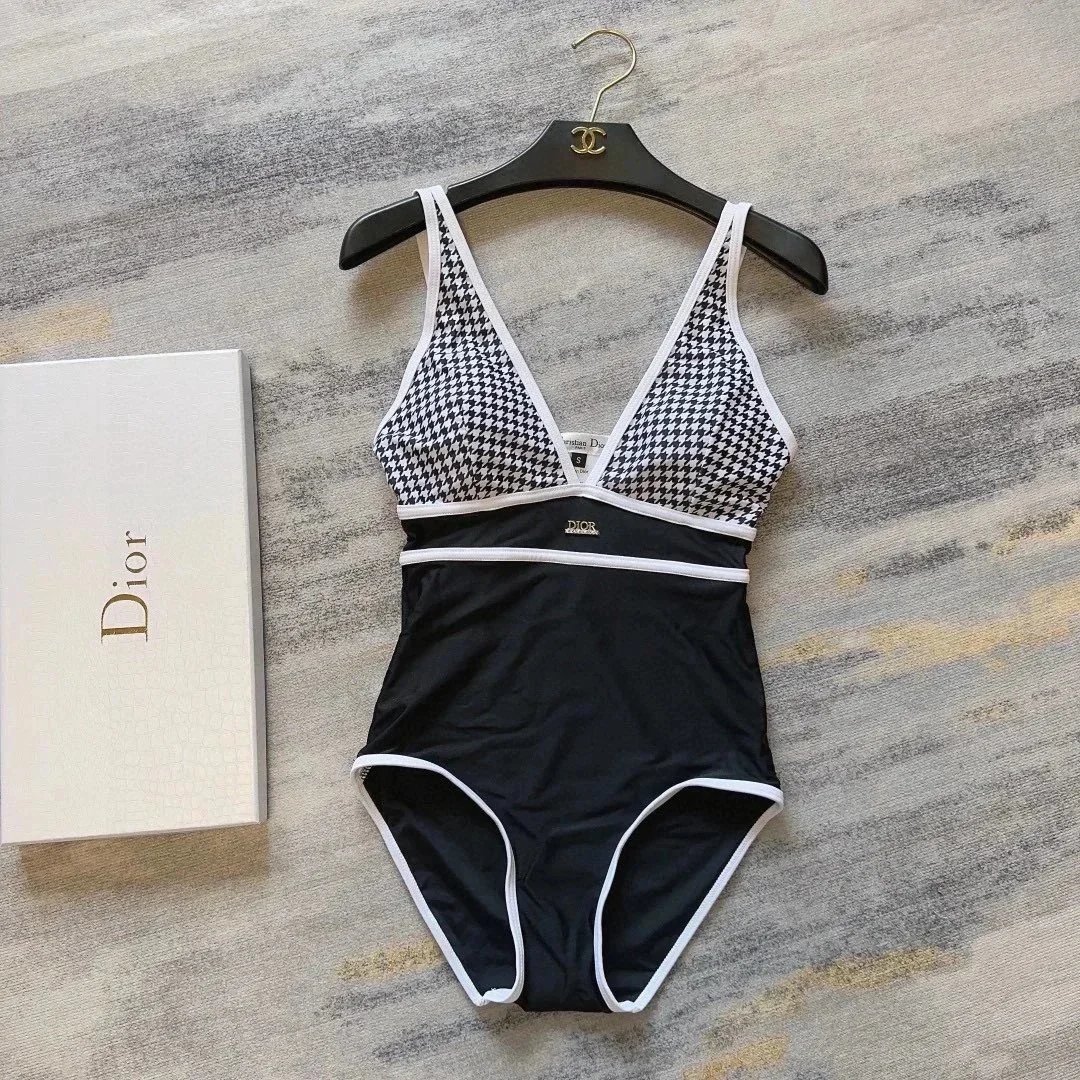 Dior One-Piece Swimsuit with Houndstooth Pattern Black