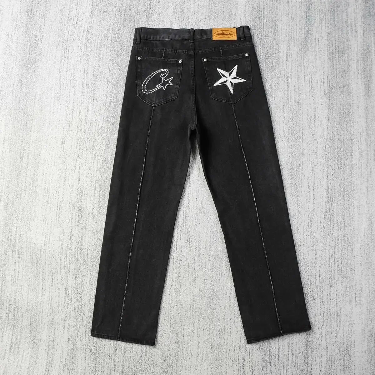 John Gees Denim Jeans Blue And Black Embroidered Star Style