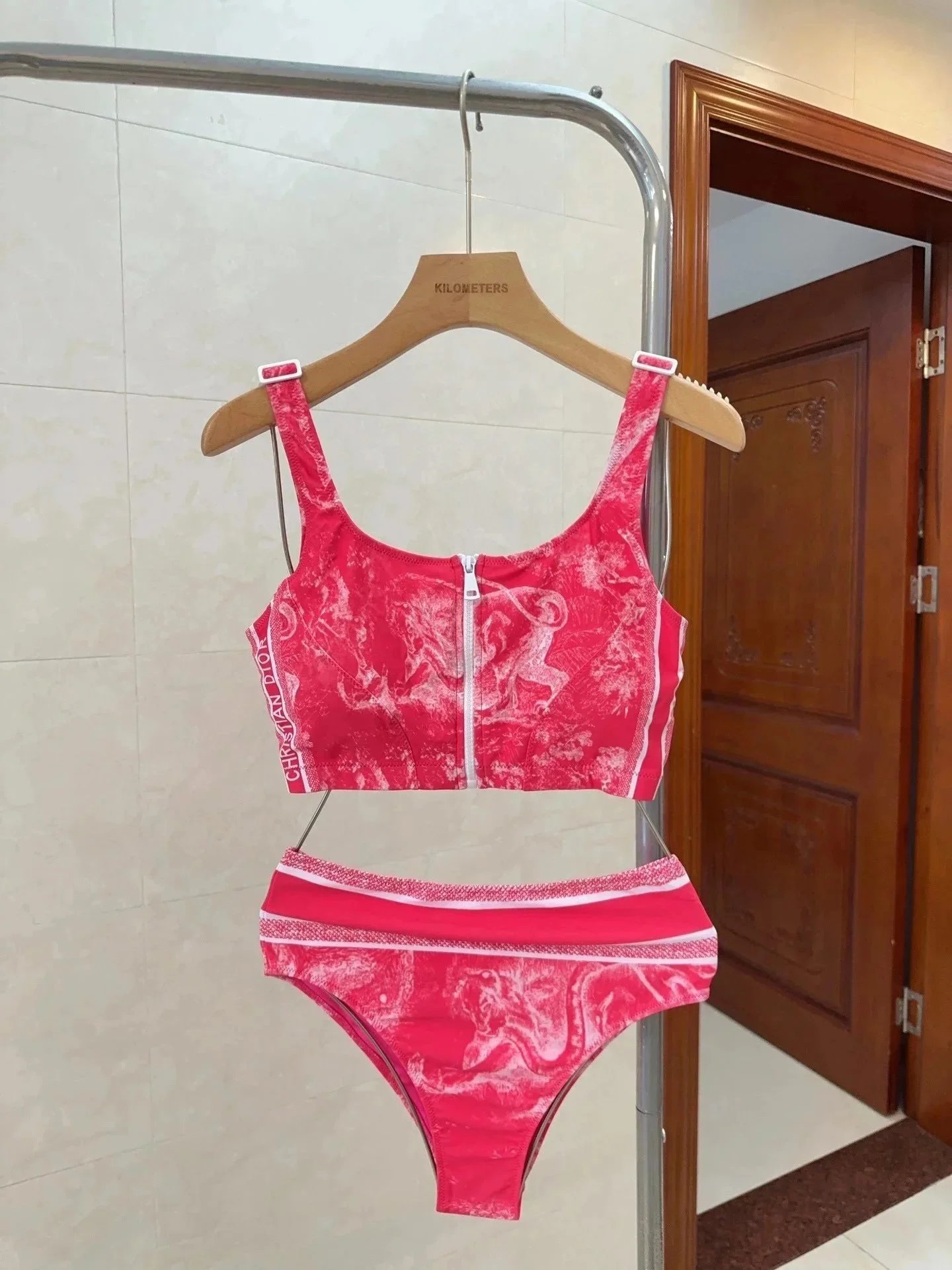 Dior Merlette Red & White Print Bikini Set Red