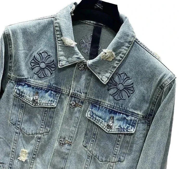 Chrome Hearts Denim Jacket Light Blue Distressed Embroidered
