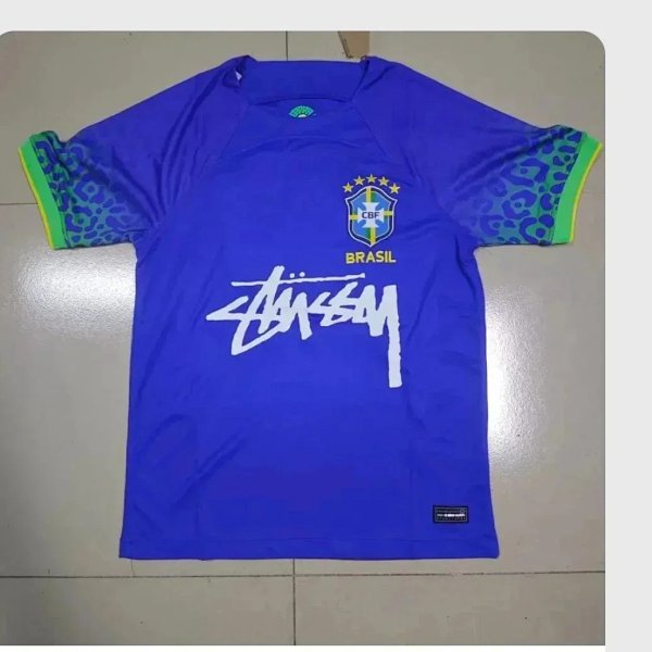 Stussy x CBF Brazil Football Jersey Royal Blue Leopard Sleeve Jersey product listing in Litbuy spreadsheet finds