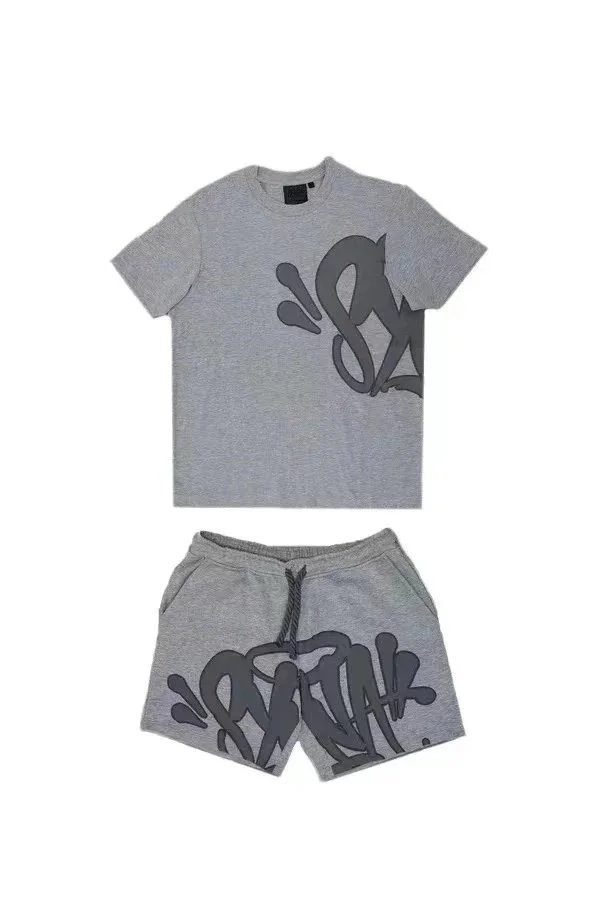 Graffiti Print T-Shirt And Shorts Set Olive Gray Blue Red Streetwear