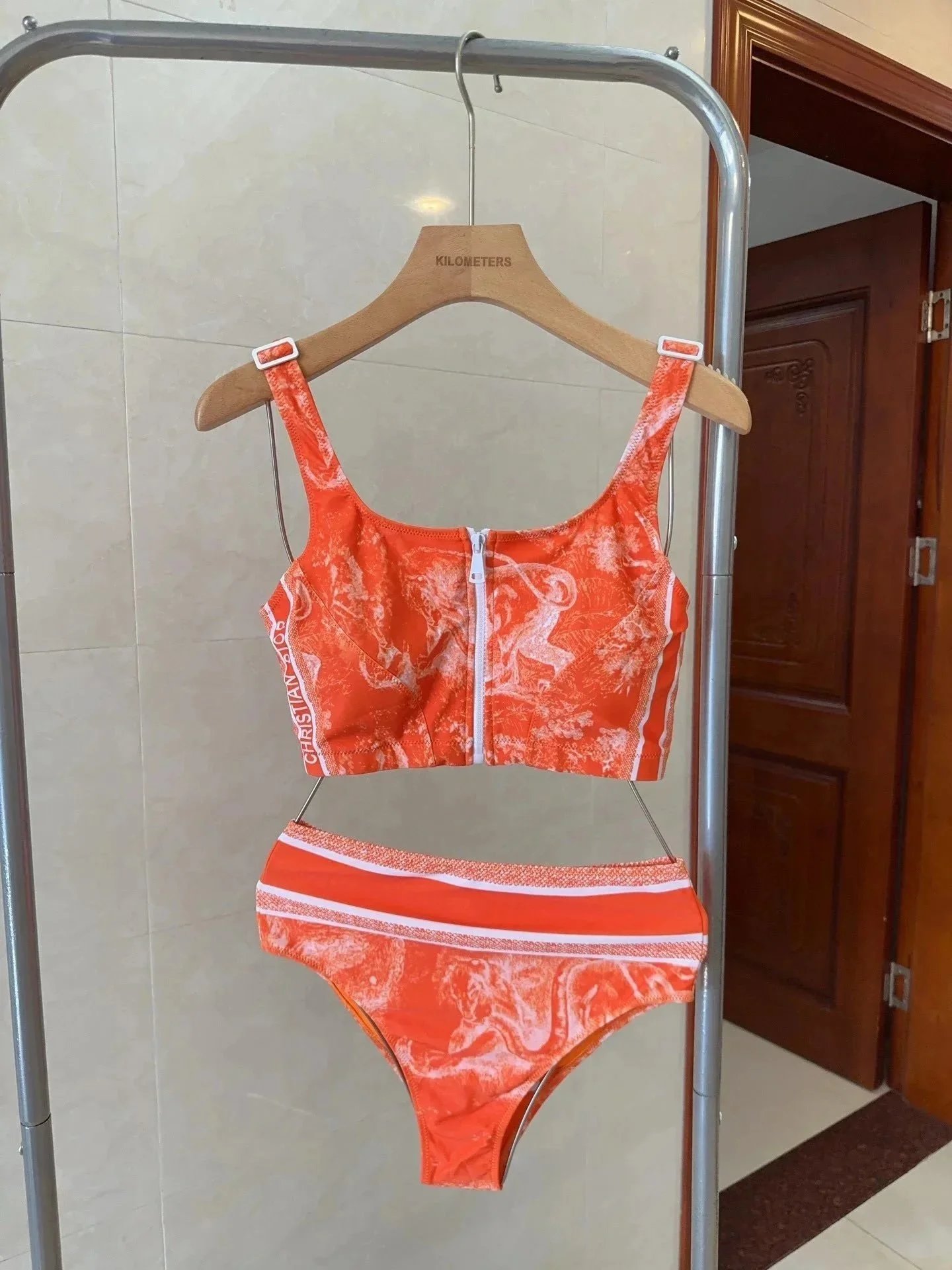 Christian Dior Monogram Print Crop Top & Bikini Bottom Set in Orange Orange
