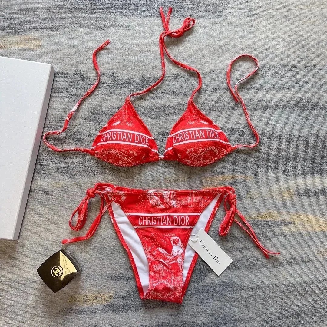 Christian Dior Red & White Logo Print Bikini Set Red