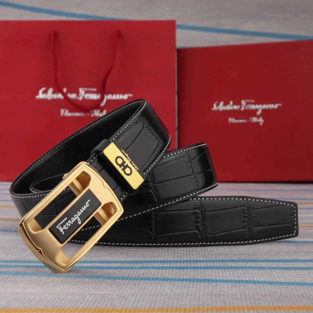 Salvatore Ferragamo Ferragamo Black Crocodile Texture Belt with Gold Buckle Black