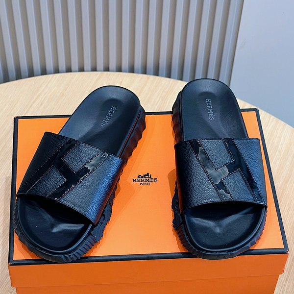 Hermès Oran Slide Black Leather Sandals Slippers product listing in Litbuy spreadsheet finds