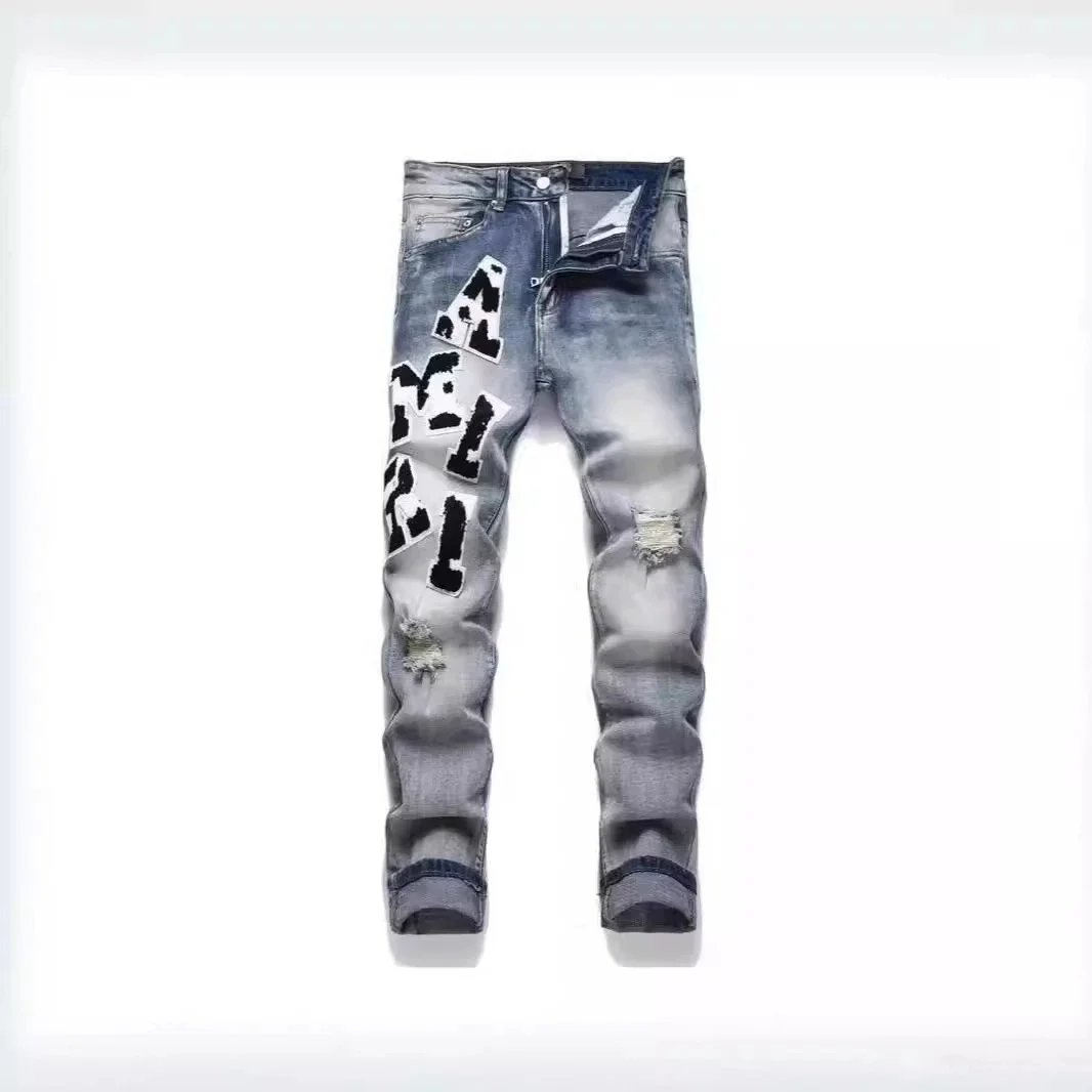Trendy Ripped Denim Jeans with Patches