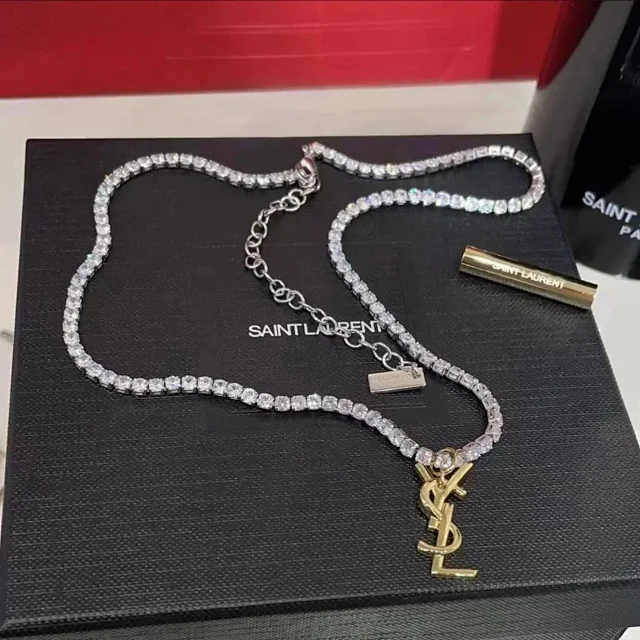 Saint Laurent Jewelry Crystal Tennis Necklace with YSL Logo Pendant product detail image 2