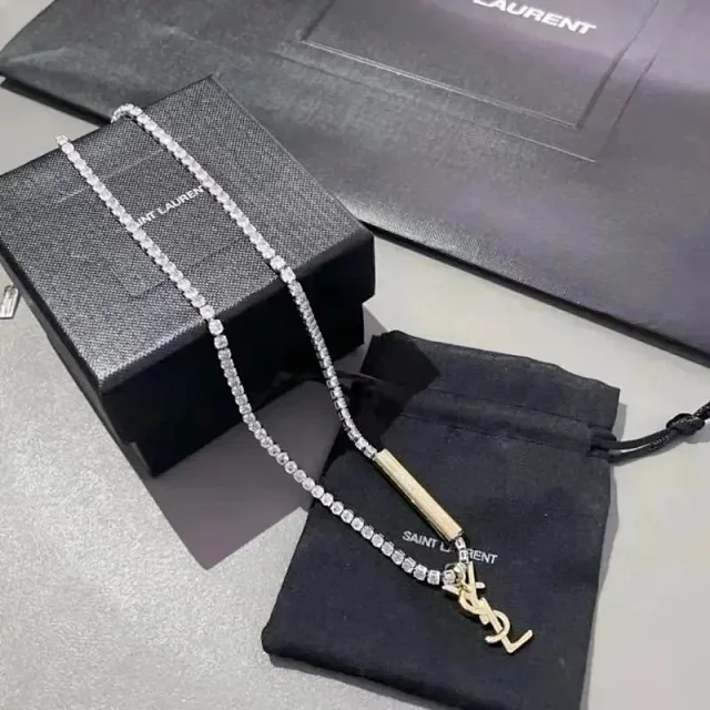 Saint Laurent Jewelry Crystal Tennis Necklace with YSL Logo Pendant product detail image 6