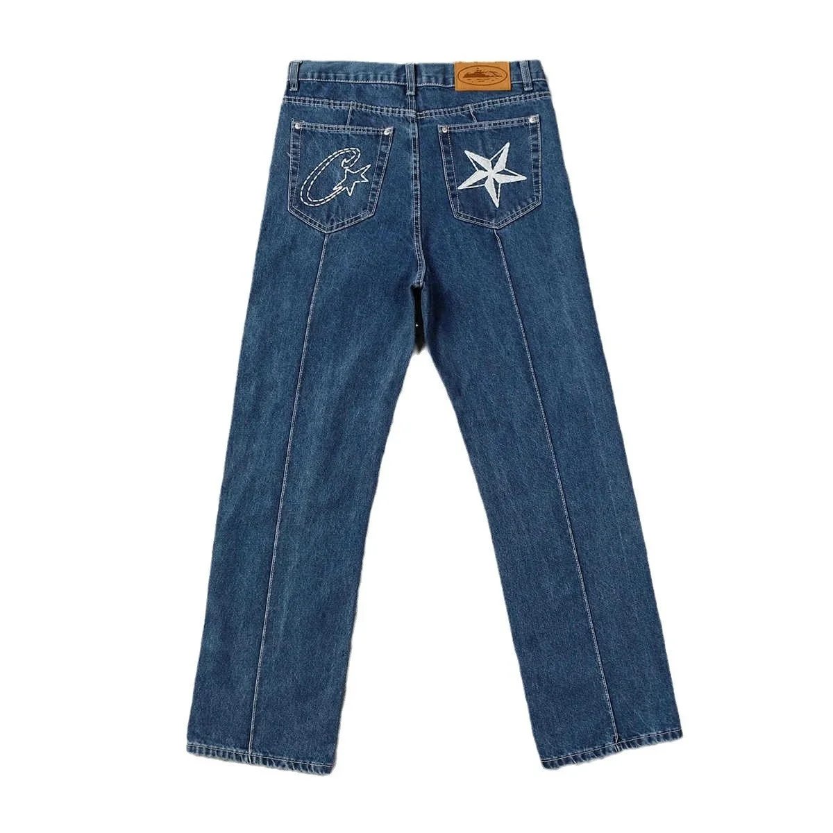 John Gees Denim Jeans Blue And Black Embroidered Star Style