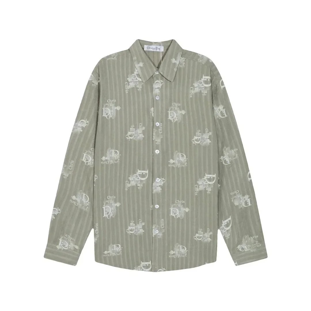 Striped Print Long Sleeve Button-Up Shirt Olive Casual