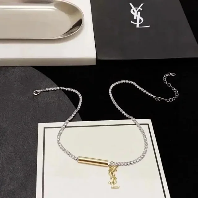 Saint Laurent Jewelry Crystal Tennis Necklace with YSL Logo Pendant product detail image 5