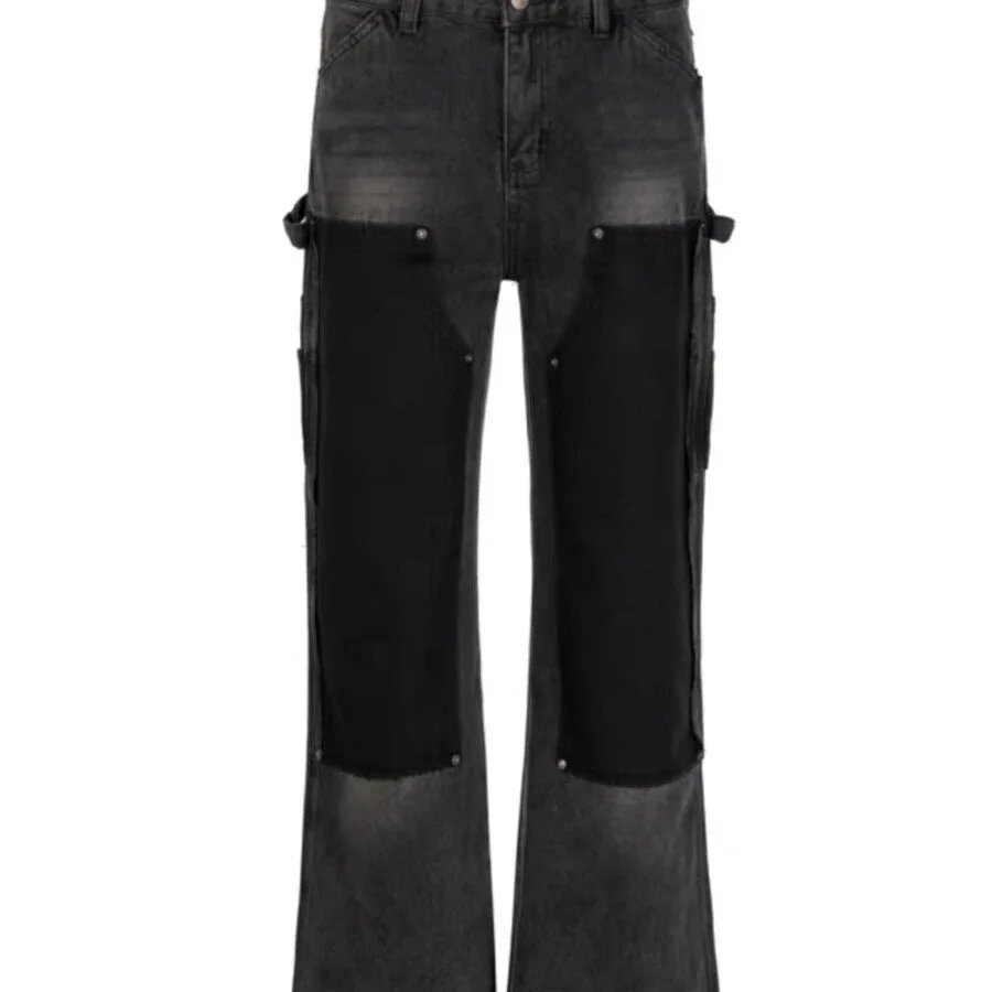Patchwork Denim Jeans Light Blue Distressed Wide Leg