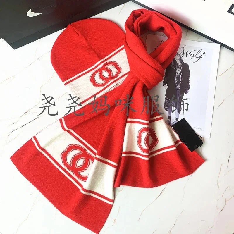 Chanel Red & White Logo Scarf and Beanie Set Red