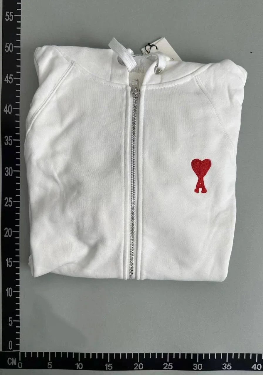 Ami Paris White Heart Embroidery Zip-Up Hoodie