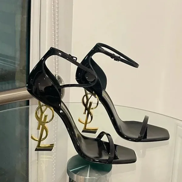 Saint Laurent Tribute Y-Heel Black Patent Leather Sandals - 7