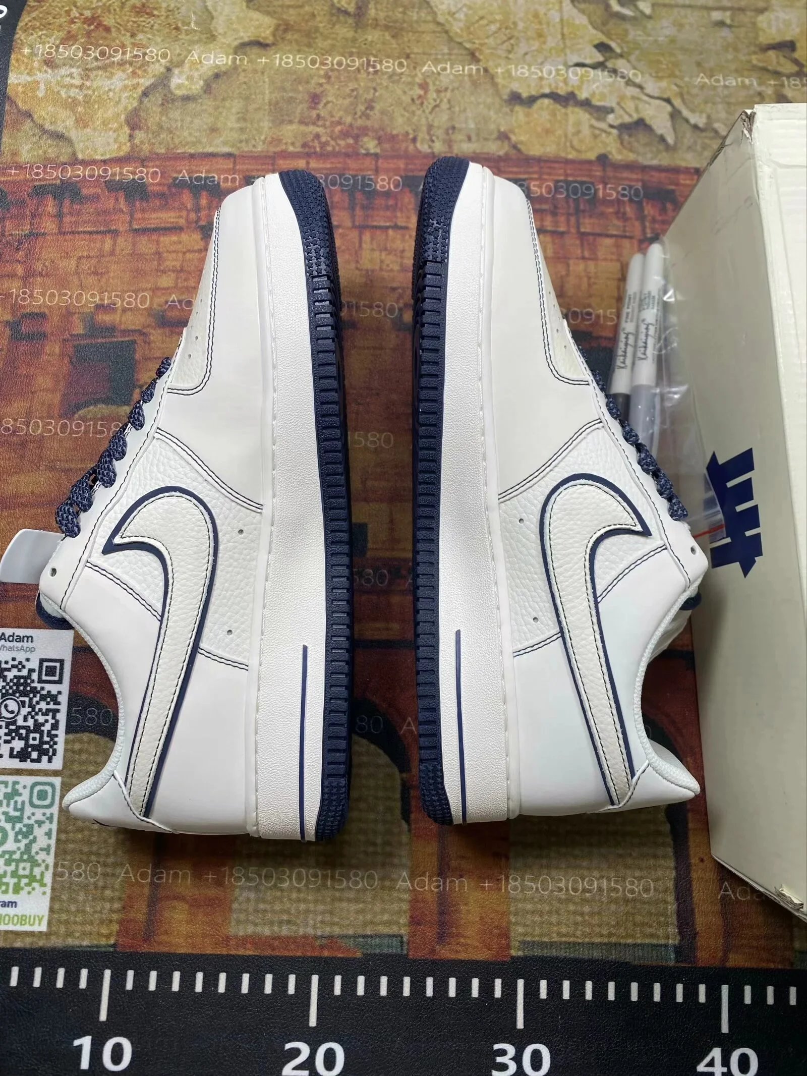 Nike Air Force 1 White Navy Stitched Leather Sneakers