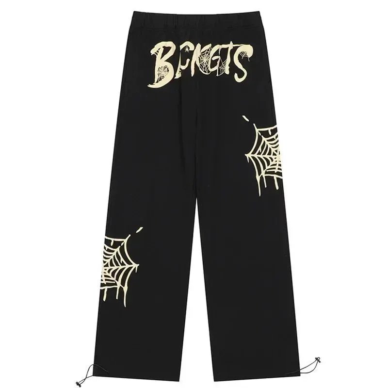Black 'BCKETS' Spiderweb Print Wide-Leg Pants