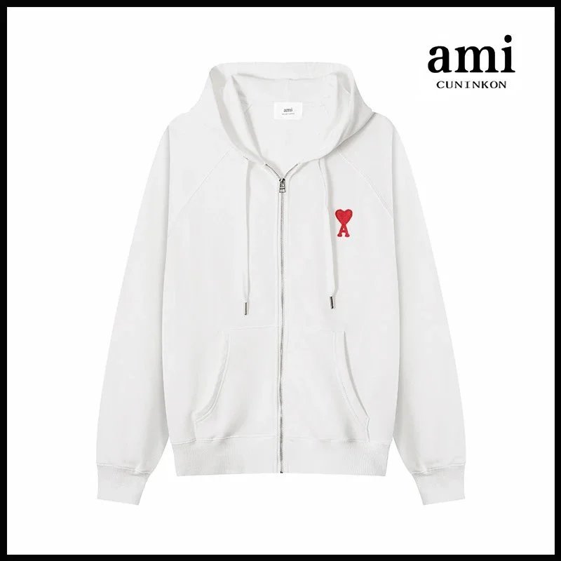 Ami Cuninkon Ami Cuninkon White Zip-Up Hoodie with Red Heart Logo White