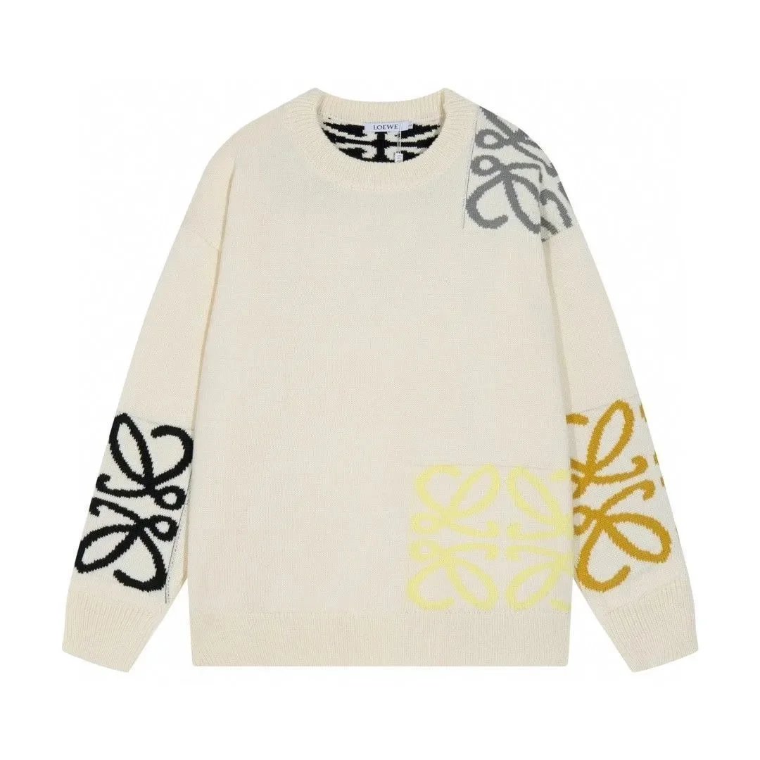Loewe Loewe Anagram Knit Sweater in Cream with Black and Yellow Accents Cream
