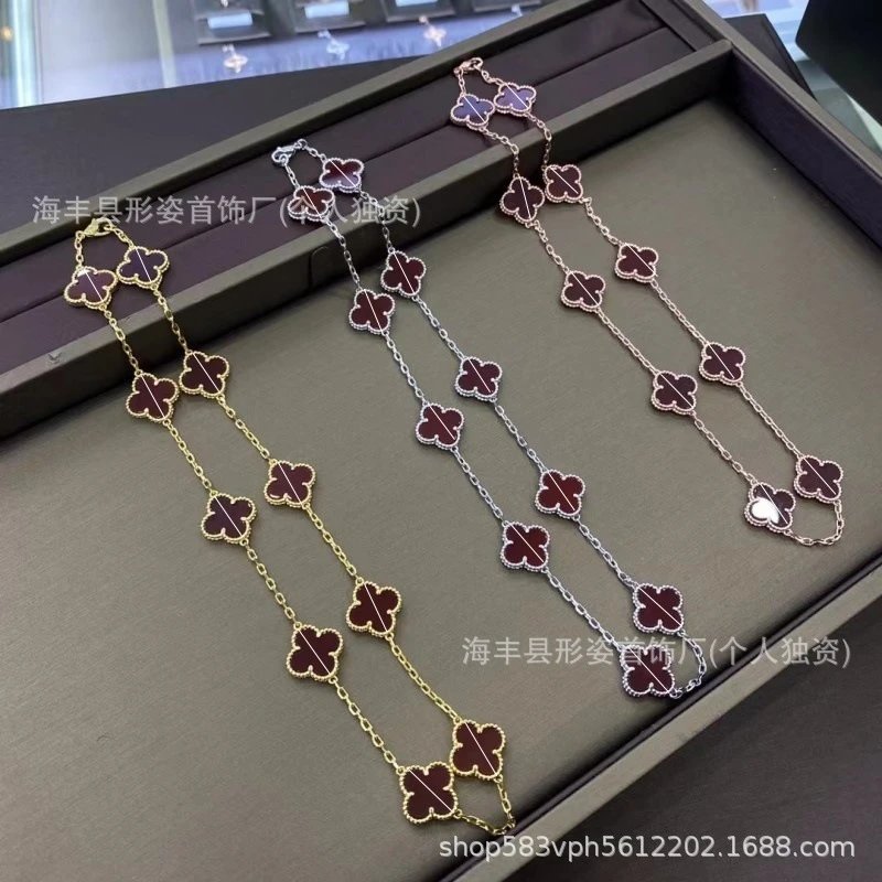 Silver Chain Necklace With Mother Of Pearl Clover Pendants Elegant Jewelry