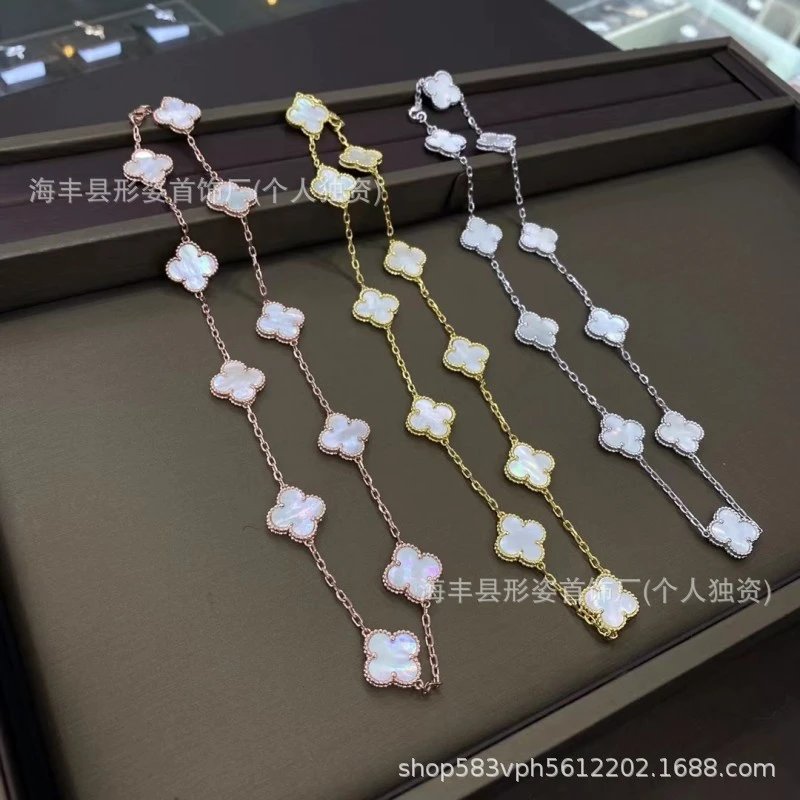 Silver Chain Necklace With Mother Of Pearl Clover Pendants Elegant Jewelry