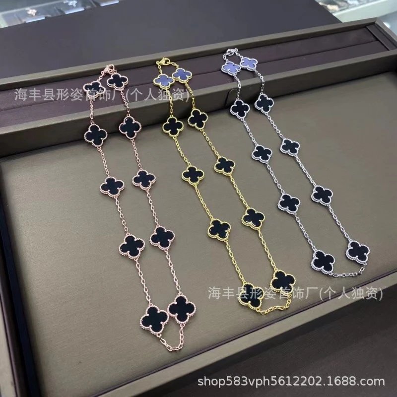 Silver Chain Necklace With Mother Of Pearl Clover Pendants Elegant Jewelry