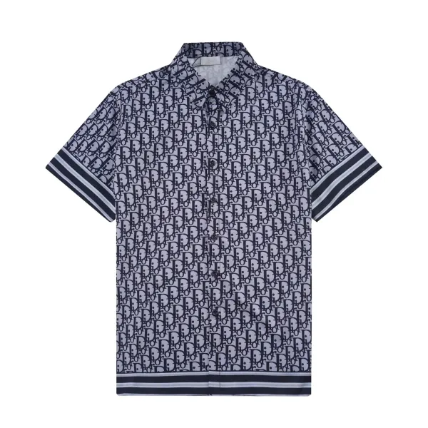 Dior Oblique Print Short-Sleeve Shirt Navy and Gray - 1