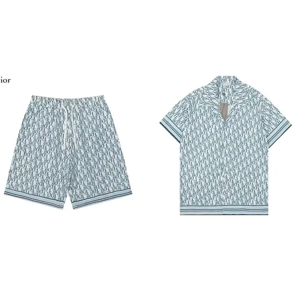 Dior Oblique Print Short-Sleeve Shirt and Shorts Set Light Blue - 1