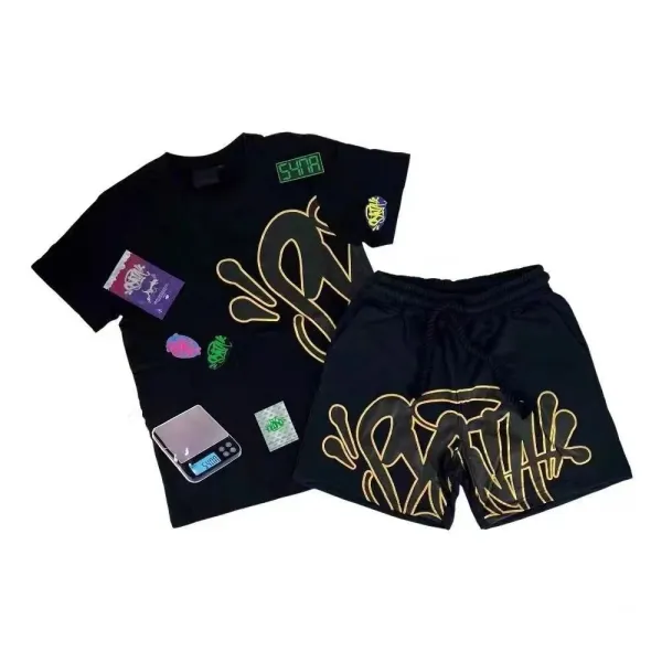 SYNR x Custom Graffiti Set Black Gold Streetwear T-Shirt and Shorts - 1