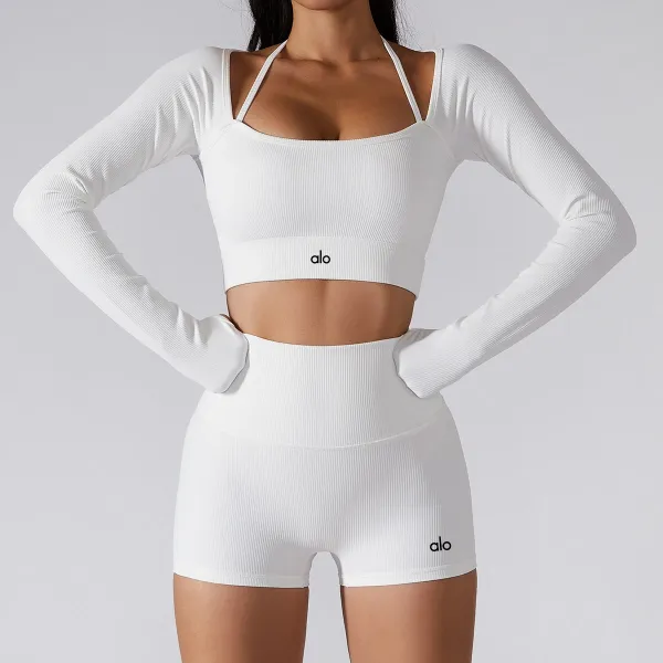Alo Ribbed Long Sleeve Crop Top and High-Waisted Shorts Set White Activewear - 1