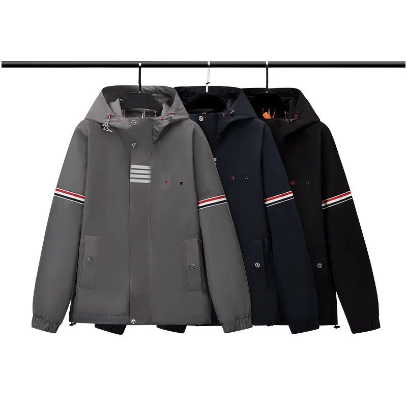 Unbranded Jackets Hooded padded jacket with striped sleeves and four-bar placket detail image 1