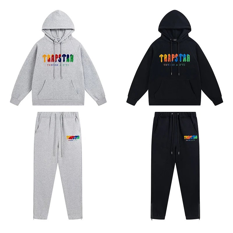Trapstar Rainbow Logo Hoodie and Sweatpants Set Gray and Black - 1