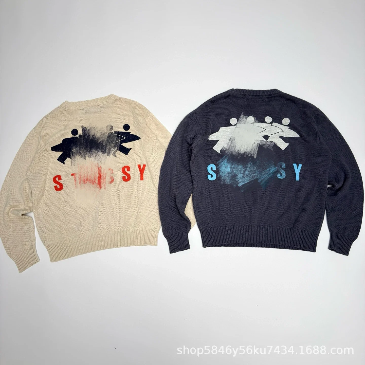 Stüssy Graphic Knit Sweaters — Beige and Navy