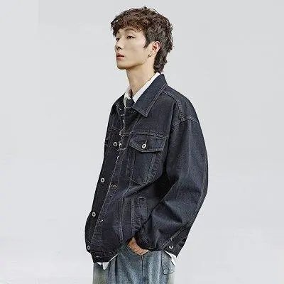 Vintage Simple Washed Black Denim Jacket Men's Autumn Trendy Brand Loose Couple