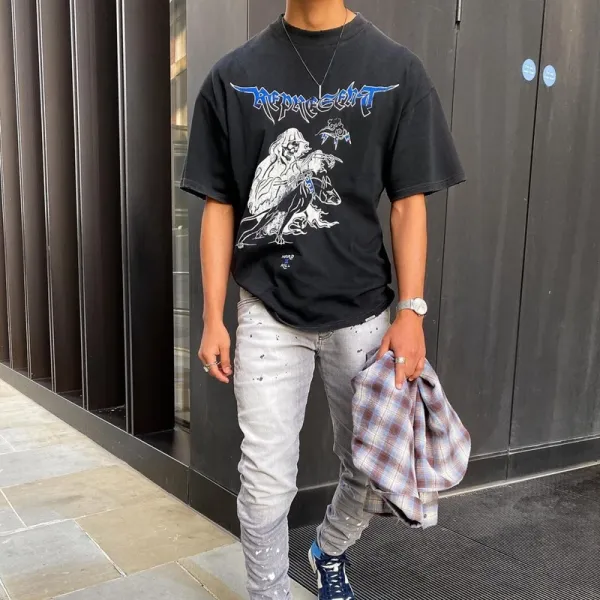 Design Graphic Print Distressed Black T-Shirt - 11