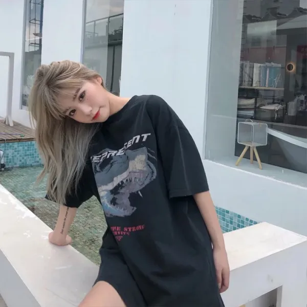 Represent Shark Graphic Oversized T-Shirt Beige - 49