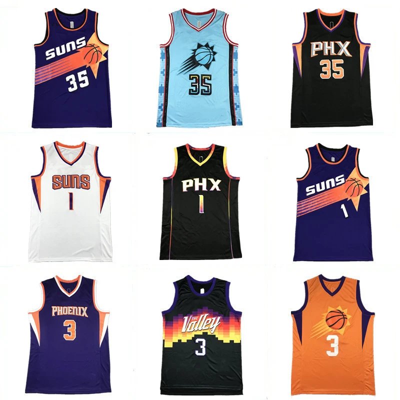 Jordan Sleeveless basketball jerseys with team names SUNS/PHX, numbers 35/1/3, sun/star motifs, gradient stripes, pixelated valley graphic