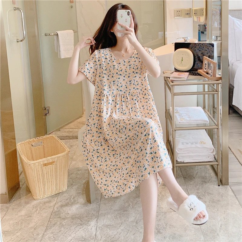 light peach floral print short sleeve loose nightdress