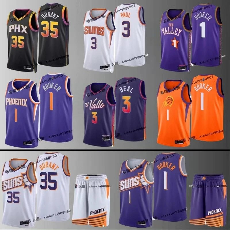 Nike Sleeveless basketball jerseys with player names and numbers, multiple colors including black, white, purple, orange; some with 'PHX', 'Suns', 'The Valley' text