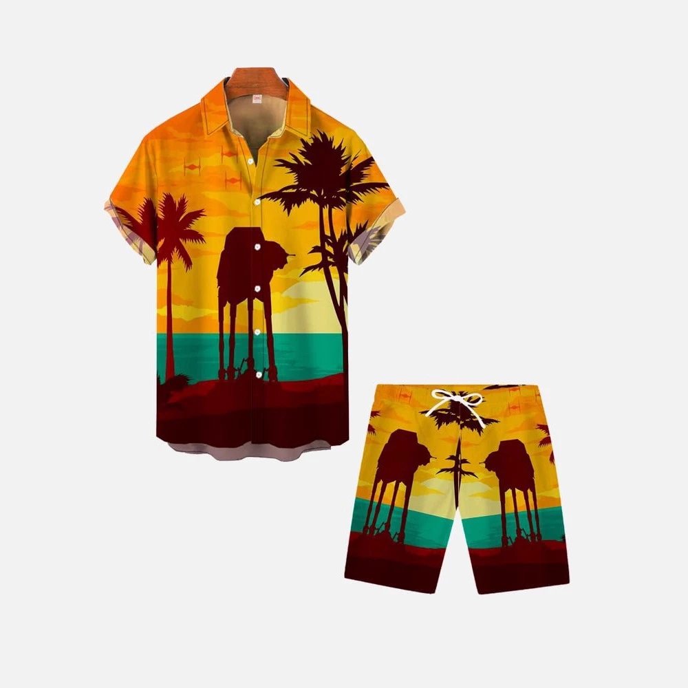 Short-sleeve button-up shirt and shorts with orange-yellow sunset, palm tree silhouettes, and AT-AT walker print