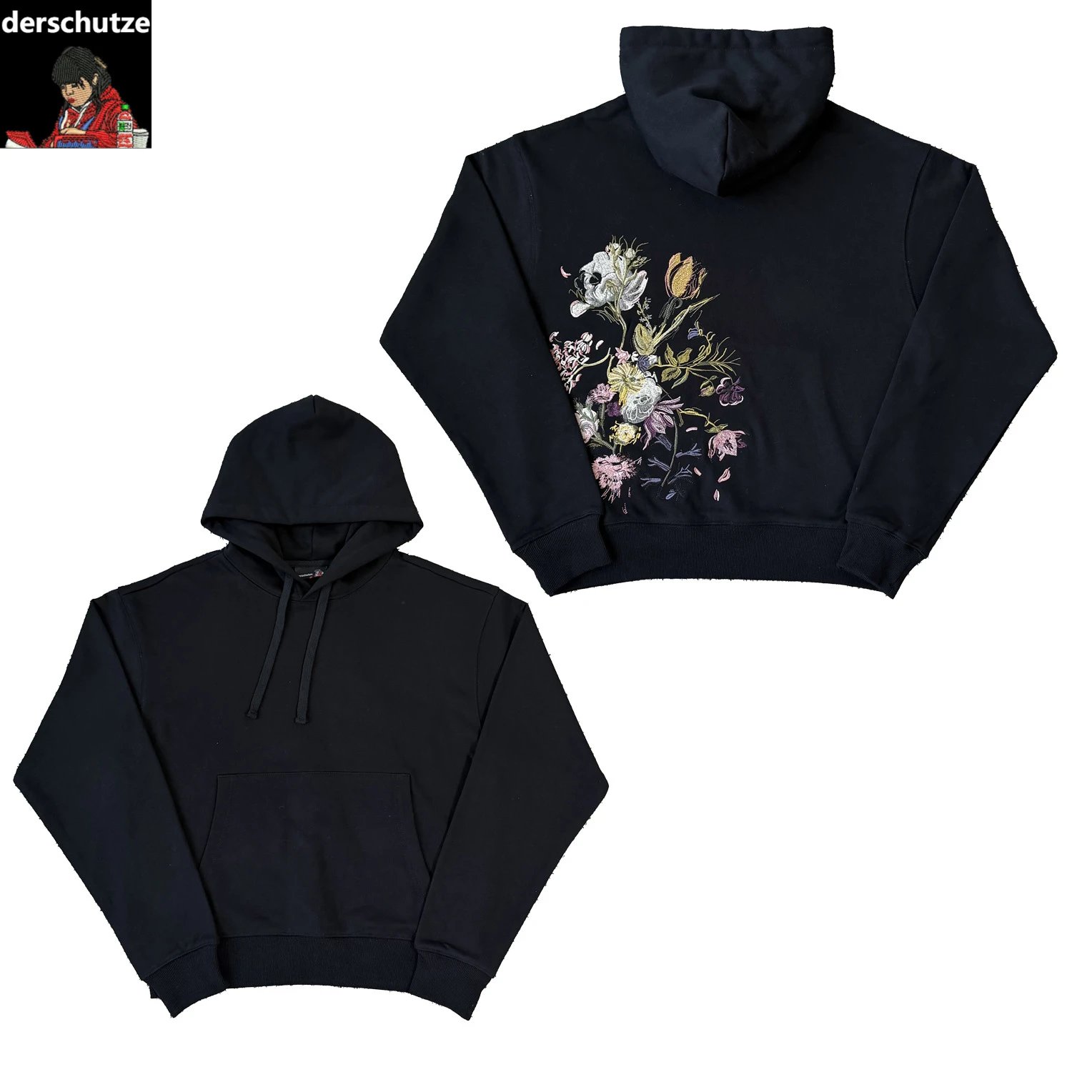 black pullover hoodie with colorful floral embroidery on back, front kangaroo pocket, drawstring hood