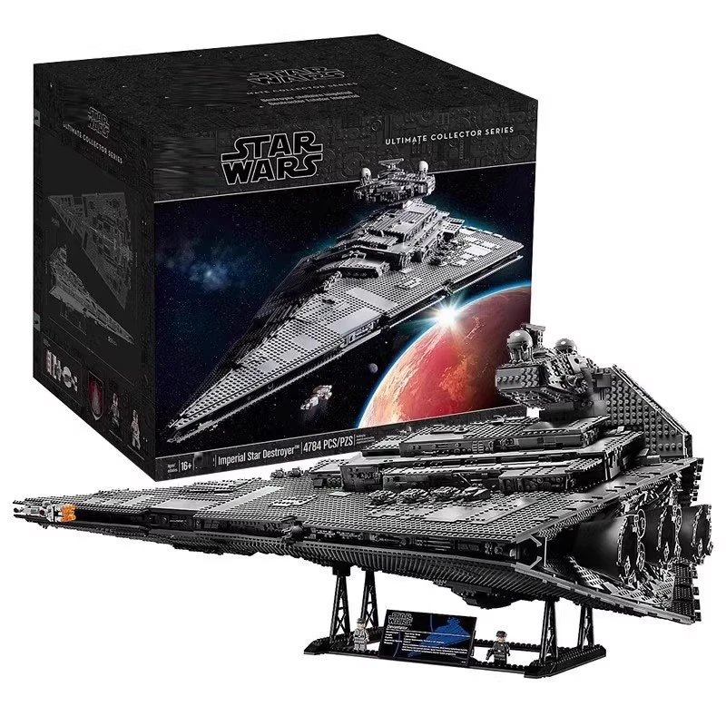 Gray and black plastic brick model of star destroyer spaceship with display stand and minifigures