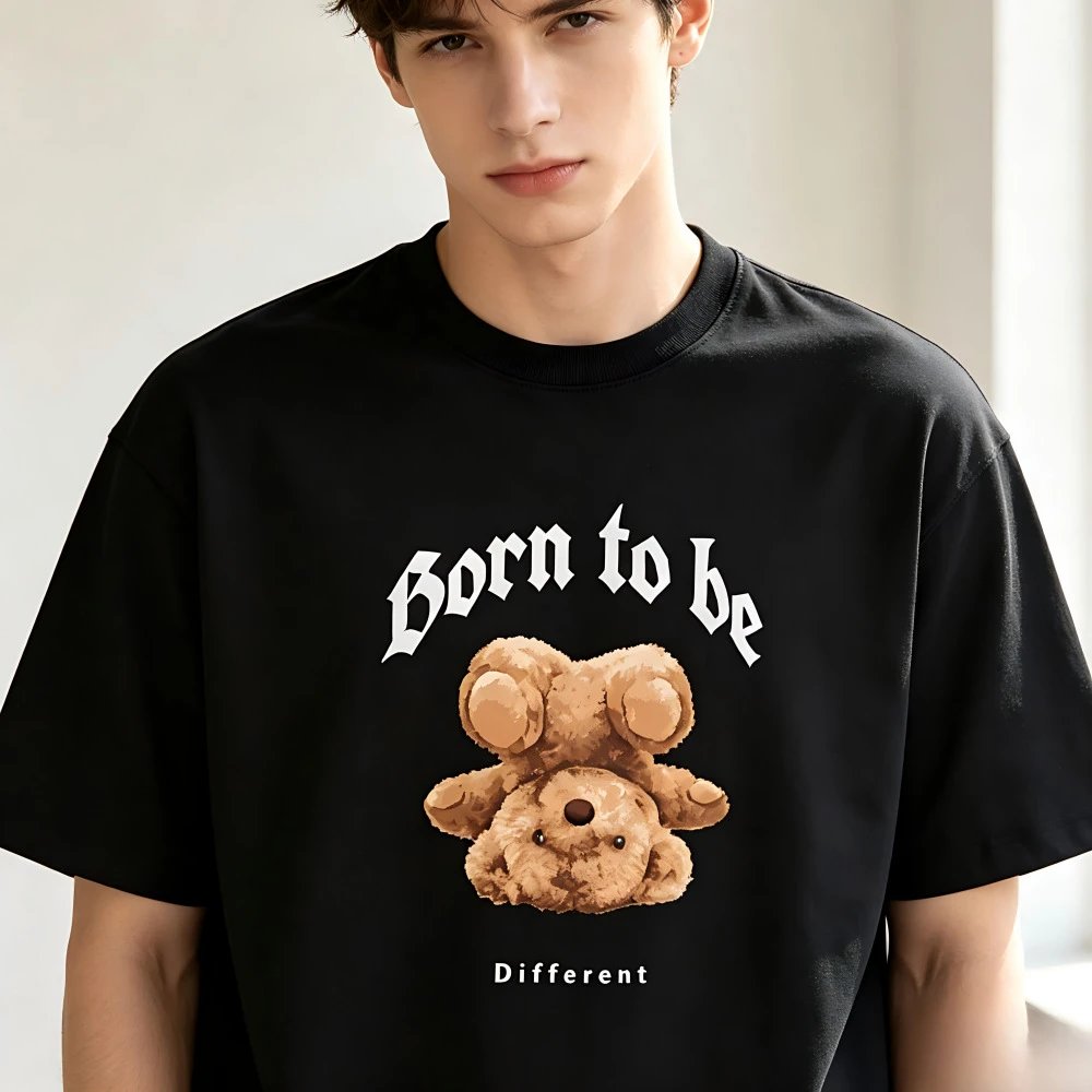 Blackwhite black oversized short sleeve t-shirt with brown bear graphic, gothic font text 'Born to be' and 'Different