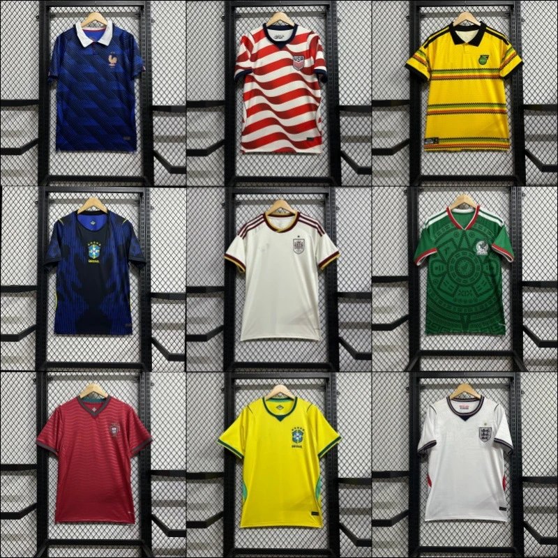 FFF Short-sleeve soccer jerseys with national team colors, collars, and chest emblems; various patterns including stripes, gradients, and geometric prints