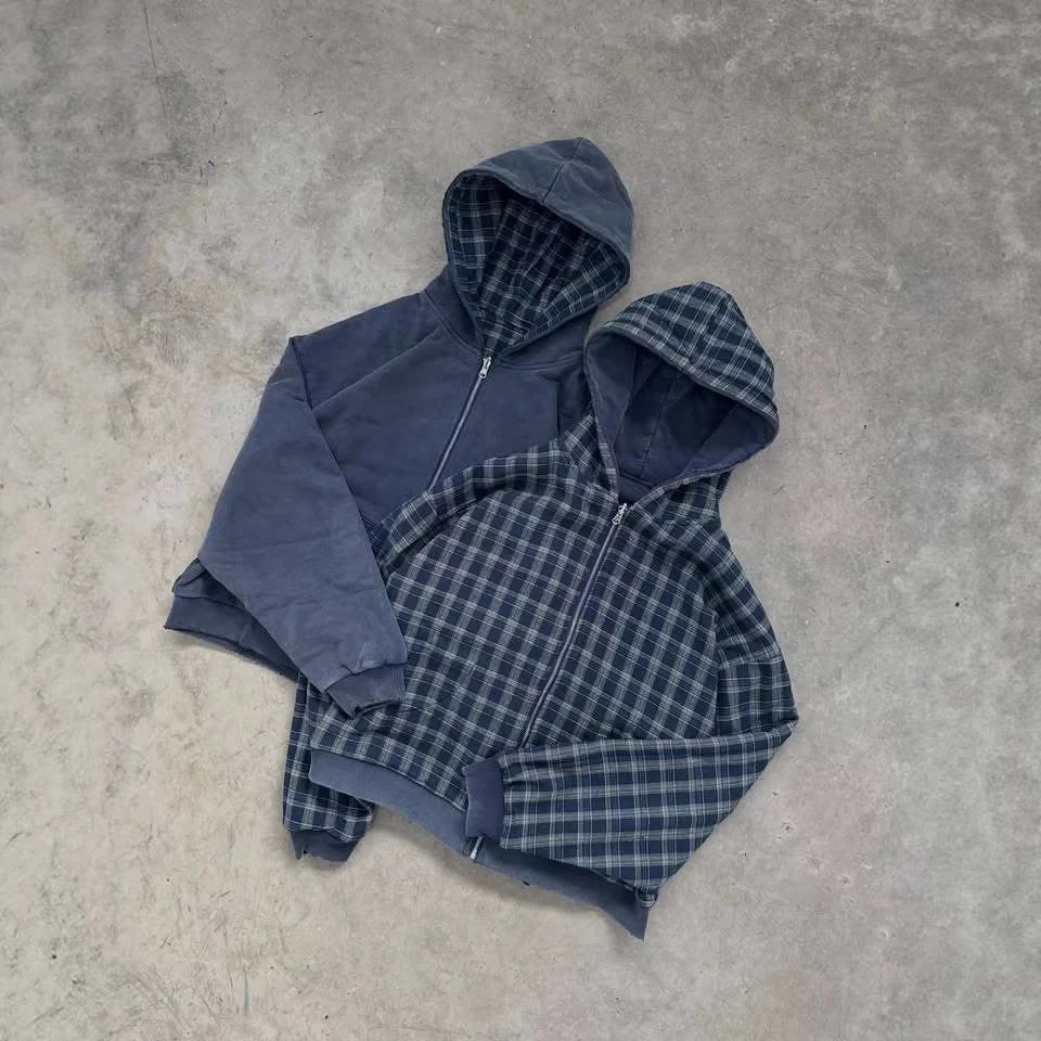 navy blue and grey plaid reversible zip-up hoodie with solid navy lining