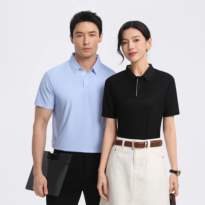 light blue solid polo shirt men's black solid polo shirt women's short sleeve collar knit fabric