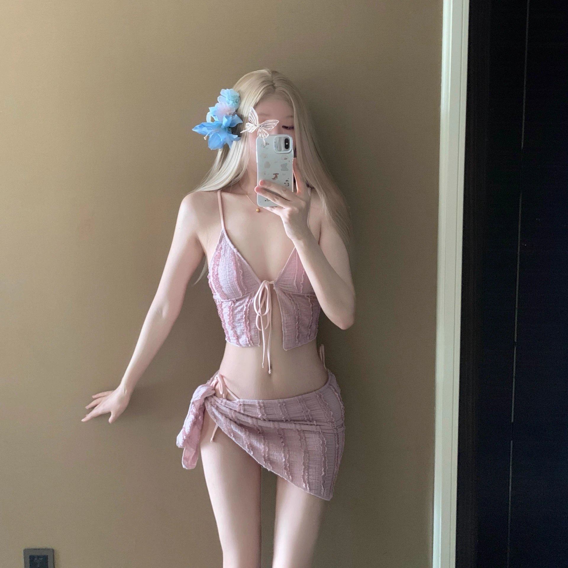 pink textured ruched fabric tie-front top and wrap skirt bikini set